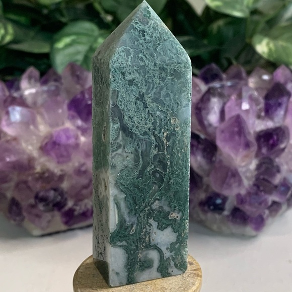 Moss Agate Crystal Tower Obelisk Energy Generator Chakra Healing Stone Wand 3.5" - Picture 2 of 14